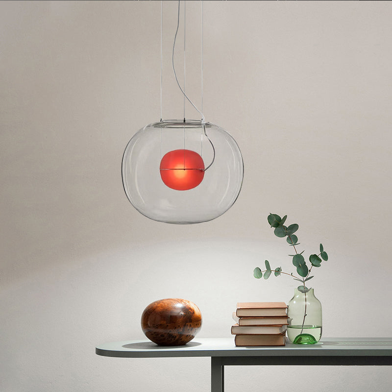 Postmodern Double Globe Hanging Light White/Red/Smoke Grey Glass 1 Bulb Kitchen Pendant Lamp with Exterior Acrylic Shade, 12