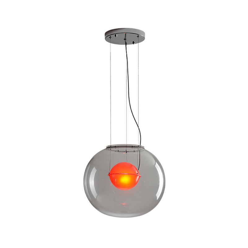 Postmodern Double Globe Hanging Light White/Red/Smoke Grey Glass 1 Bulb Kitchen Pendant Lamp with Exterior Acrylic Shade, 12