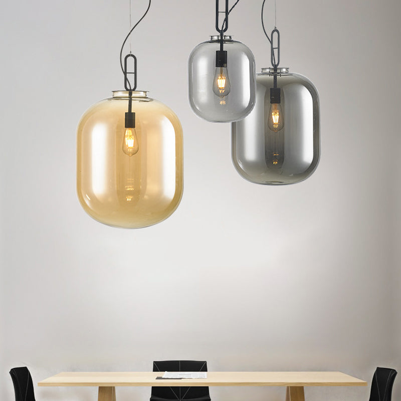 Black Ovale Ceiling Hang Light Modernism 1 Bulb Smoke Grey/Amber Glass Pendant Lighting Fixture, 9.5