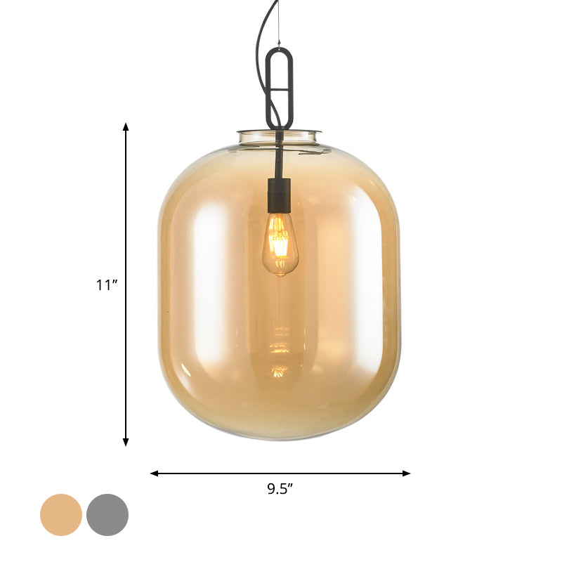 Black Ovale Ceiling Hang Light Modernism 1 Bulb Smoke Grey/Amber Glass Pendant Lighting Fixture, 9.5