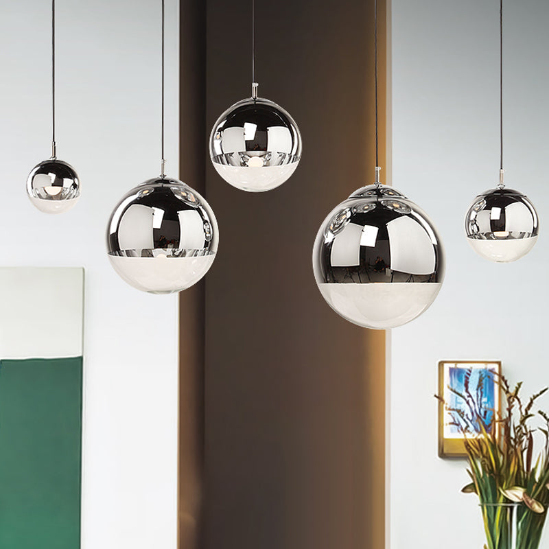 Postmodern Spherical Ceiling Pendant Silver Mirrored Glass 1-Light Kitchen Dinette Suspended Lighting Fixture, 8