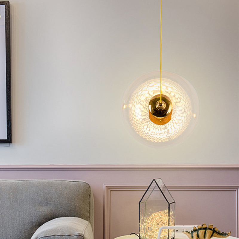 Gold Globe Ceiling Pendant Light Modern 1/3-Head Clear Glass Suspension Lighting with Mesh Tube Inside 1 Clear Clearhalo 'Ceiling Lights' 'Close To Ceiling Lights' 'Glass shade' 'Glass' 'Modern Pendants' 'Modern' 'Pendant Lights' 'Pendants' Lighting' 1937626