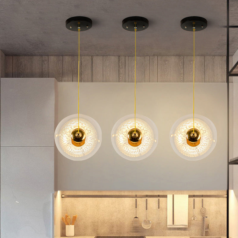 Gold Globe Ceiling Pendant Light Modern 1/3-Head Clear Glass Suspension Lighting with Mesh Tube Inside Clearhalo 'Ceiling Lights' 'Close To Ceiling Lights' 'Glass shade' 'Glass' 'Modern Pendants' 'Modern' 'Pendant Lights' 'Pendants' Lighting' 1937627