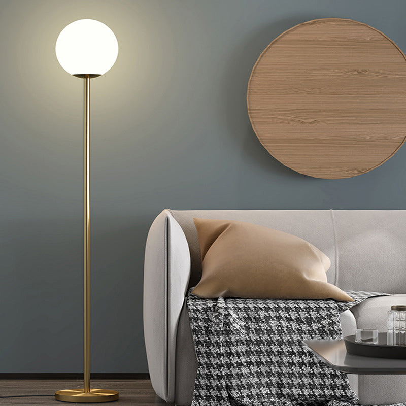 Minimalistic Ball Shade Floor Lamp White Glass 1 Head Living Room Standing Light with Upright Pole in Gold, 8