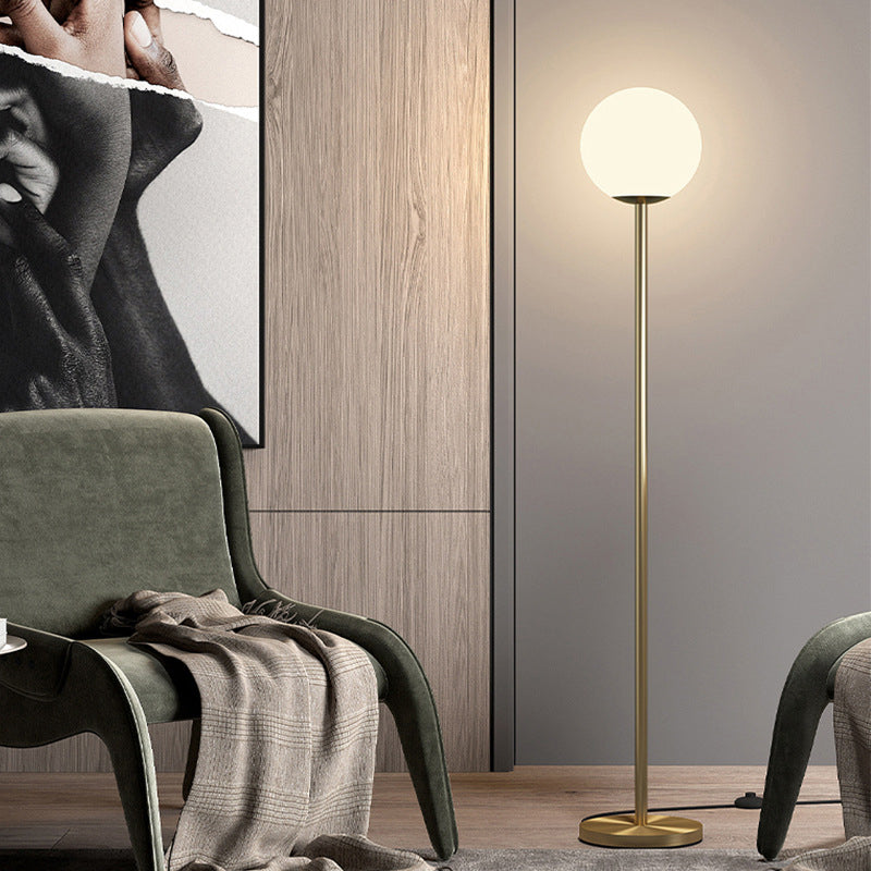 Minimalistic Ball Shade Floor Lamp White Glass 1 Head Living Room Standing Light with Upright Pole in Gold, 8