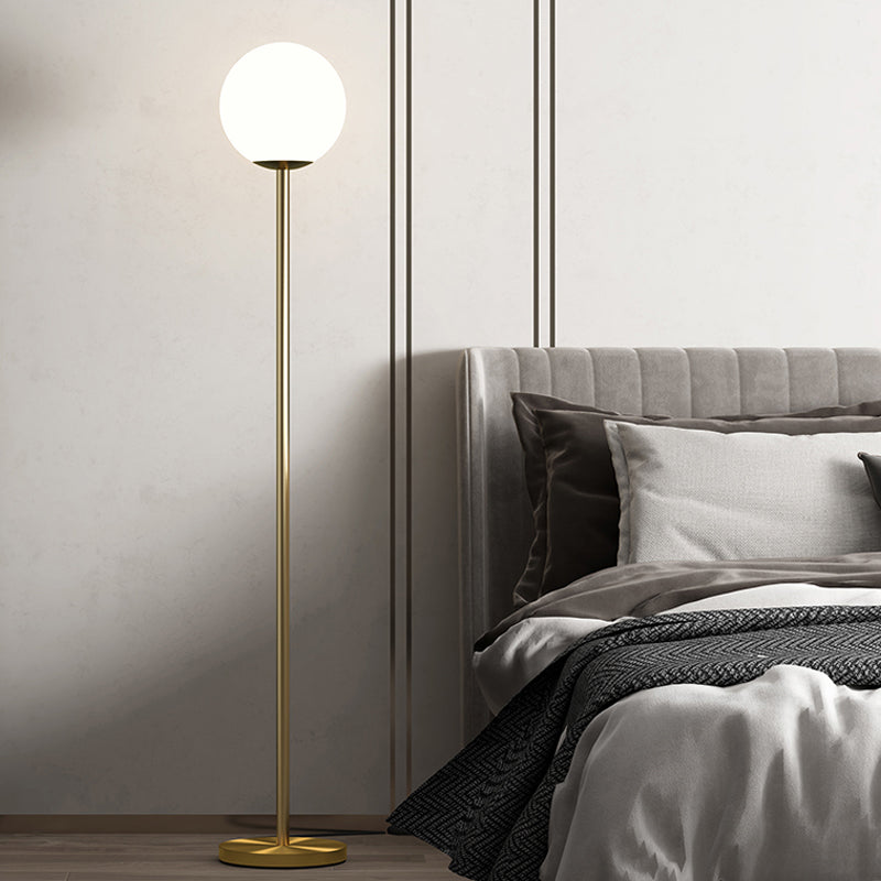 Minimalistic Ball Shade Floor Lamp White Glass 1 Head Living Room Standing Light with Upright Pole in Gold, 8