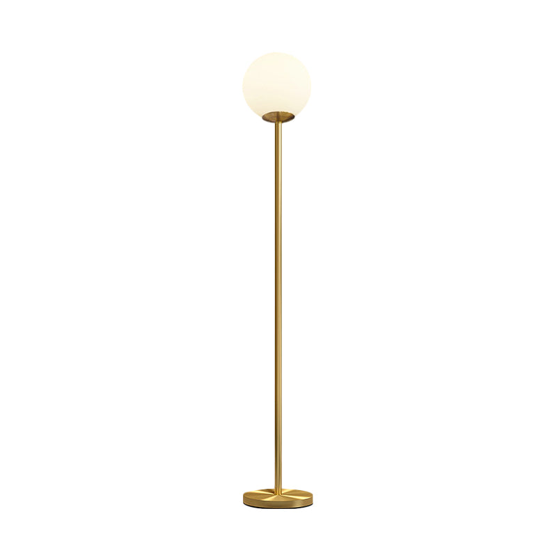 Minimalistic Ball Shade Floor Lamp White Glass 1 Head Living Room Standing Light with Upright Pole in Gold, 8