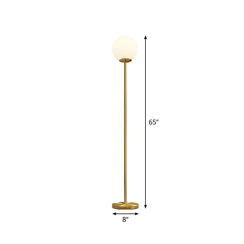 Minimalistic Ball Shade Floor Lamp White Glass 1 Head Living Room Standing Light with Upright Pole in Gold, 8