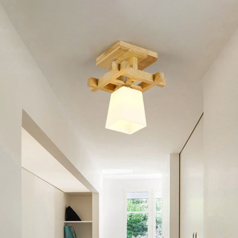 Trapezoidal Aisle Ceiling Lamp Opal Glass 1-Light Nordic Style Semi Flush Mount Light in Warm/White Light with Wood Top Clearhalo 'Ceiling Lights' 'Close To Ceiling Lights' 'Close to ceiling' 'Semi-flushmount' Lighting' 1937982