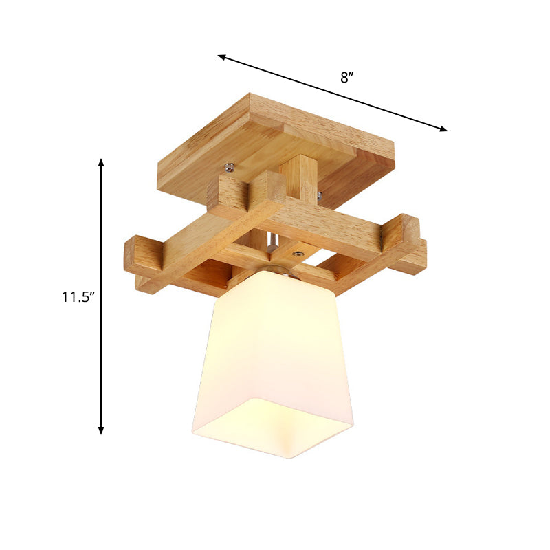 Trapezoidal Aisle Ceiling Lamp Opal Glass 1-Light Nordic Style Semi Flush Mount Light in Warm/White Light with Wood Top Clearhalo 'Ceiling Lights' 'Close To Ceiling Lights' 'Close to ceiling' 'Semi-flushmount' Lighting' 1937984