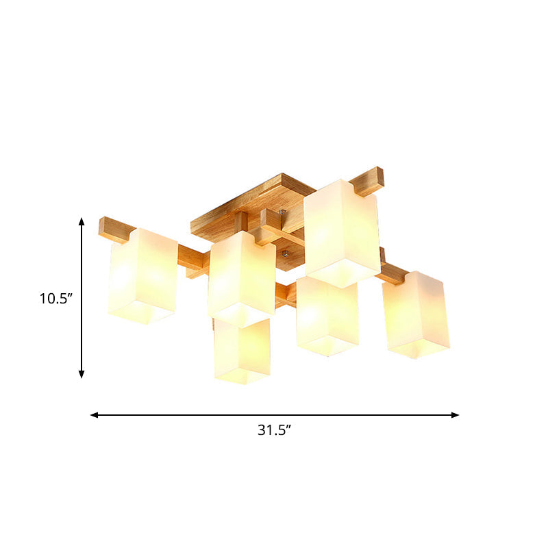 Frosted White Glass Cuboid Semi Flush Contemporary 6-Light Close to Ceiling Light with Wood Arm Clearhalo 'Ceiling Lights' 'Close To Ceiling Lights' 'Close to ceiling' 'Semi-flushmount' Lighting' 1937988