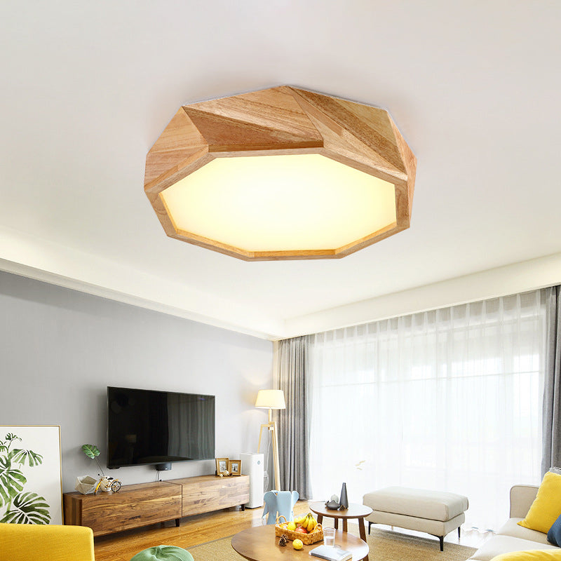 Geometrical Ceiling Lamp Modern Wooden Beige LED Flush Mount Light in Warm/White Light for Hotel, 18