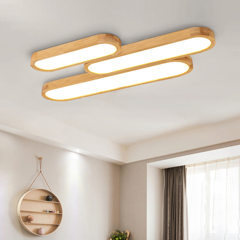 Minimalist Oblong Ceiling Lighting Wood Living Room LED Flush Mounted Light in Warm/White Light, 25.5