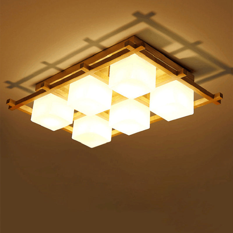 Wood Grid Semi Flush Mount Lamp Modern 4/6/9-Head Beige Ceiling Light with Square Milk Glass Shade 6 Wood Clearhalo 'Ceiling Lights' 'Close To Ceiling Lights' 'Close to ceiling' 'Semi-flushmount' Lighting' 1938200