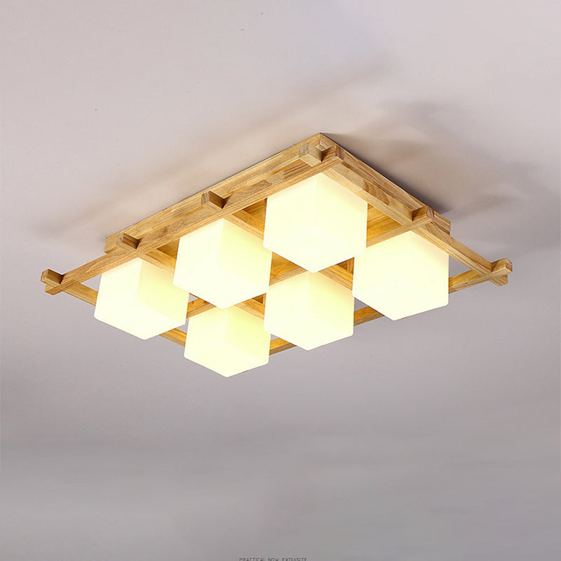 Wood Grid Semi Flush Mount Lamp Modern 4/6/9-Head Beige Ceiling Light with Square Milk Glass Shade Clearhalo 'Ceiling Lights' 'Close To Ceiling Lights' 'Close to ceiling' 'Semi-flushmount' Lighting' 1938203