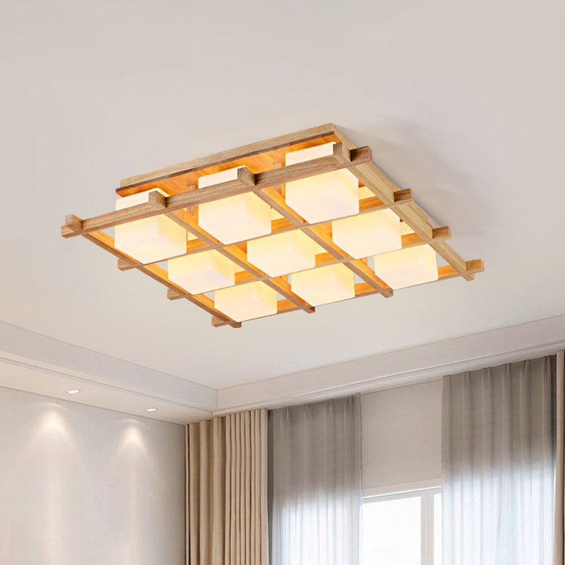 Wood Grid Semi Flush Mount Lamp Modern 4/6/9-Head Beige Ceiling Light with Square Milk Glass Shade 9 Wood Clearhalo 'Ceiling Lights' 'Close To Ceiling Lights' 'Close to ceiling' 'Semi-flushmount' Lighting' 1938205