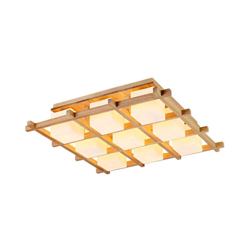 Wood Grid Semi Flush Mount Lamp Modern 4/6/9-Head Beige Ceiling Light with Square Milk Glass Shade Clearhalo 'Ceiling Lights' 'Close To Ceiling Lights' 'Close to ceiling' 'Semi-flushmount' Lighting' 1938207