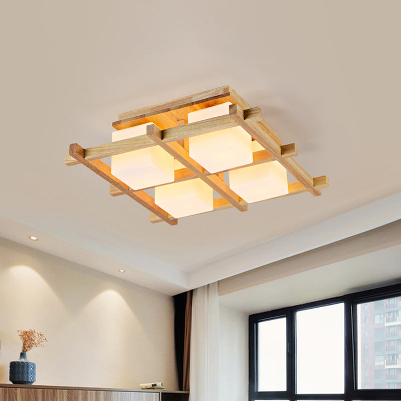 Wood Grid Semi Flush Mount Lamp Modern 4/6/9-Head Beige Ceiling Light with Square Milk Glass Shade 4 Wood Clearhalo 'Ceiling Lights' 'Close To Ceiling Lights' 'Close to ceiling' 'Semi-flushmount' Lighting' 1938210