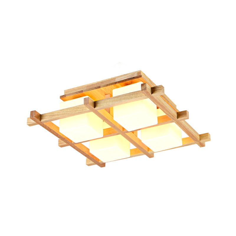 Wood Grid Semi Flush Mount Lamp Modern 4/6/9-Head Beige Ceiling Light with Square Milk Glass Shade Clearhalo 'Ceiling Lights' 'Close To Ceiling Lights' 'Close to ceiling' 'Semi-flushmount' Lighting' 1938211