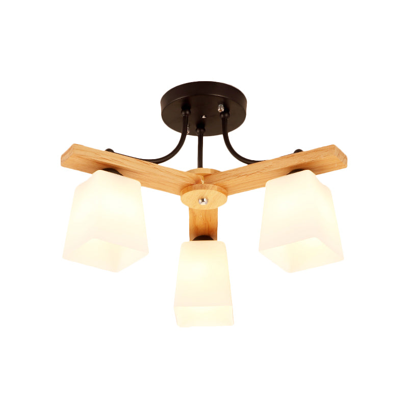 3/6/8 Lights Living Room Semi Flush Nordic Black and Wood Flush Mount Ceiling Chandelier with Square Milk Glass Shade Clearhalo 'Ceiling Lights' 'Close To Ceiling Lights' 'Close to ceiling' 'Semi-flushmount' Lighting' 1938283