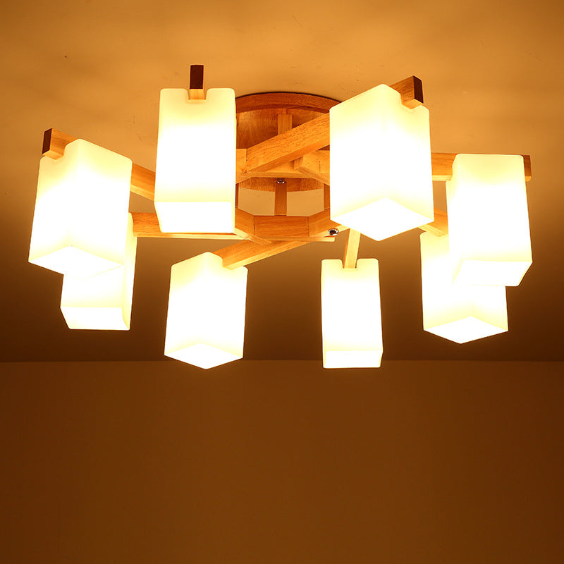 Cuboid Cream Glass Close to Ceiling Lamp Nordic 3/5/8 Bulbs Beige Semi Flush Mount Light for Living Room Clearhalo 'Ceiling Lights' 'Close To Ceiling Lights' 'Close to ceiling' 'Semi-flushmount' Lighting' 1938287