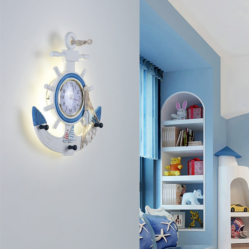 Child Bedroom Anchor Rudder Wall Light with Clock Wood Nautical Stylish Blue Wall Lamp Clearhalo 'Wall Lamps & Sconces' 'Wall Lights' Lighting' 194049