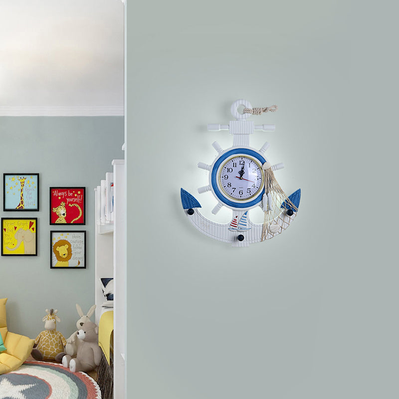 Child Bedroom Anchor Rudder Wall Light with Clock Wood Nautical Stylish Blue Wall Lamp Clearhalo 'Wall Lamps & Sconces' 'Wall Lights' Lighting' 194050