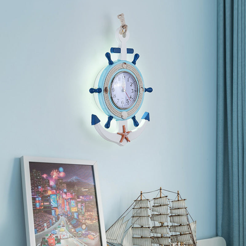 Child Bedroom Anchor Rudder Wall Light with Clock Wood Nautical Stylish Blue Wall Lamp Clearhalo 'Wall Lamps & Sconces' 'Wall Lights' Lighting' 194053