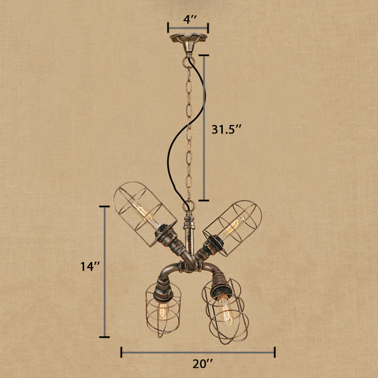 4-Light Caged Hanging Light Coastal Style Bronze/Antique Silver Wrought Iron Chandelier Pendant Light with Pipe Clearhalo 'Cast Iron' 'Ceiling Lights' 'Chandeliers' 'Industrial Chandeliers' 'Industrial' 'Metal' 'Middle Century Chandeliers' 'Rustic Chandeliers' 'Tiffany' Lighting' 19429