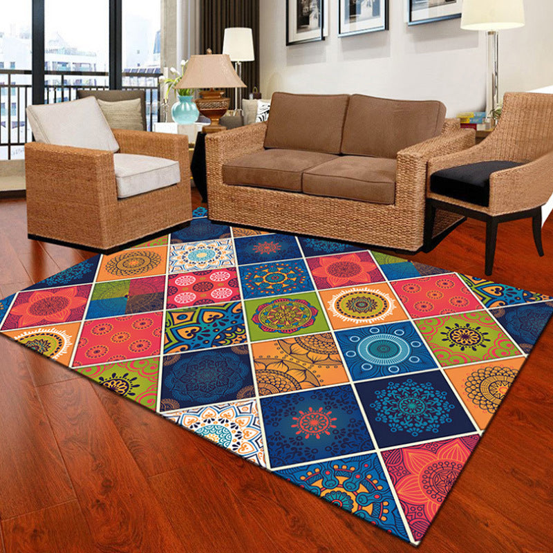 Mediterranean Moroccan Rug Multicolor Floral Square Circle Pattern Rug Polyester Non-Slip Area Rug for Home Decoration Blue Clearhalo 'Area Rug' 'Moroccan' 'Rugs' Rug' 1947052