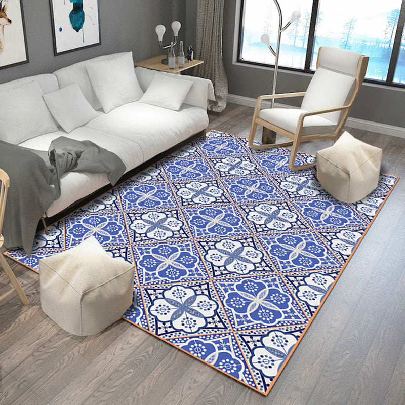 Moroccan Floral Square Print Rug in Blue and White Polyester Carpet Machine Washable Area Rug for Living Room Light Purple Clearhalo 'Area Rug' 'Moroccan' 'Rugs' Rug' 1947090