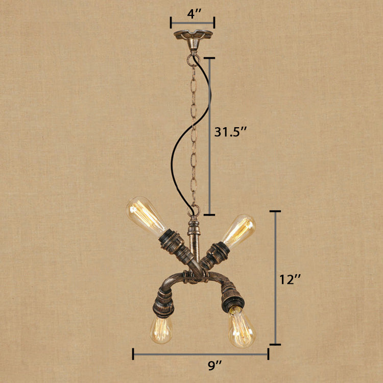 Industrial Exposed Bulb Hanging Light 4 Heads Wrought Iron Chandelier Pendant Light with Water Pipe in Bronze/Aged Bronze Clearhalo 'Cast Iron' 'Ceiling Lights' 'Chandeliers' 'Industrial Chandeliers' 'Industrial' 'Metal' 'Middle Century Chandeliers' 'Rustic Chandeliers' 'Tiffany' Lighting' 19472