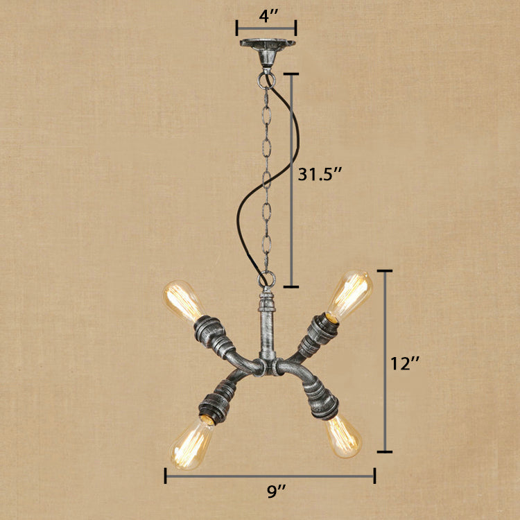 Industrial Exposed Bulb Hanging Light 4 Heads Wrought Iron Chandelier Pendant Light with Water Pipe in Bronze/Aged Bronze Clearhalo 'Cast Iron' 'Ceiling Lights' 'Chandeliers' 'Industrial Chandeliers' 'Industrial' 'Metal' 'Middle Century Chandeliers' 'Rustic Chandeliers' 'Tiffany' Lighting' 19474