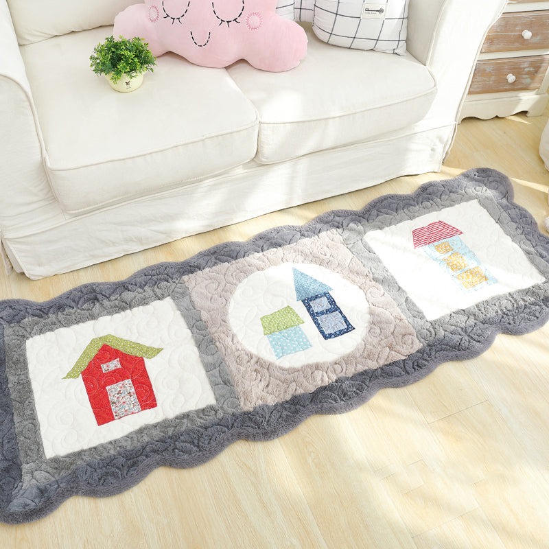 Novelty House Pattern Rug Green and Grey Kids Rug Polyester Washable Pet Friendly Anti-Slip Carpet for Children's Room Grey 2' x 5'3