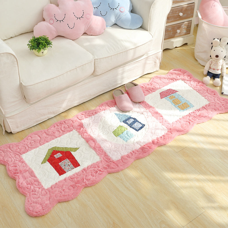 Novelty House Pattern Rug Green and Grey Kids Rug Polyester Washable Pet Friendly Anti-Slip Carpet for Children's Room Pink 2' x 5'3