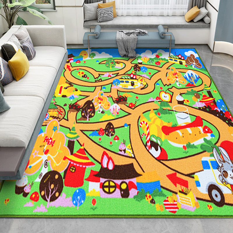 Kids Maze Pattern Rug Green Polyester Rug Non-Slip Pet Friendly Washable Are Rug for child's room Green 3'3