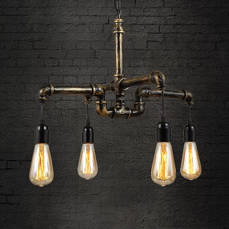 Iron Antique Brass Hanging Lamp Plumbing Pipe 4/6 Bulbs Industrial Chandelier Light Fixture 4 Brass Clearhalo 'Cast Iron' 'Ceiling Lights' 'Chandeliers' 'Industrial Chandeliers' 'Industrial' 'Metal' 'Middle Century Chandeliers' 'Rustic Chandeliers' 'Tiffany' Lighting' 1948674