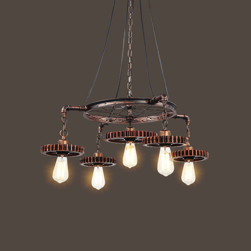 Antiqued Bronze Gear Chandelier Loft Style Iron 3/5/7-Light Living Room Ceiling Suspension Lamp Clearhalo 'Cast Iron' 'Ceiling Lights' 'Chandeliers' 'Industrial Chandeliers' 'Industrial' 'Metal' 'Middle Century Chandeliers' 'Rustic Chandeliers' 'Tiffany' Lighting' 1948705