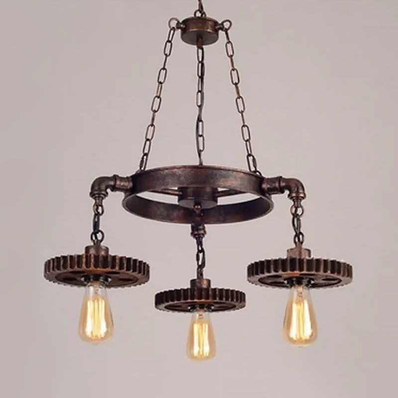 Antiqued Bronze Gear Chandelier Loft Style Iron 3/5/7-Light Living Room Ceiling Suspension Lamp Clearhalo 'Cast Iron' 'Ceiling Lights' 'Chandeliers' 'Industrial Chandeliers' 'Industrial' 'Metal' 'Middle Century Chandeliers' 'Rustic Chandeliers' 'Tiffany' Lighting' 1948708