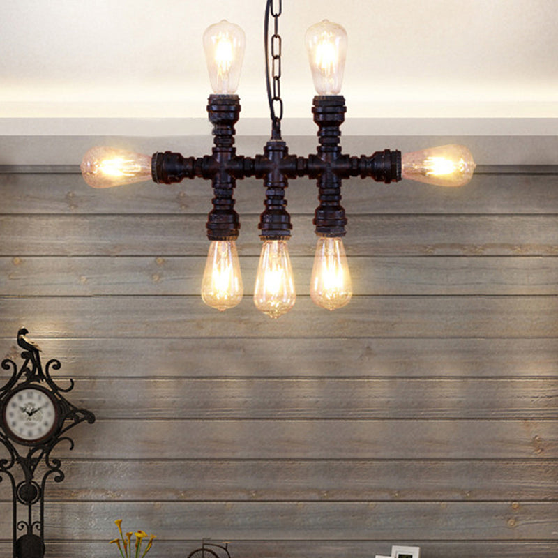 Black 7-Head Chandelier Light Industrial-Style Wrought Iron Plumbing Pipe Pendant Light Fixture Black Clearhalo 'Cast Iron' 'Ceiling Lights' 'Chandeliers' 'Industrial Chandeliers' 'Industrial' 'Metal' 'Middle Century Chandeliers' 'Rustic Chandeliers' 'Tiffany' Lighting' 1948710