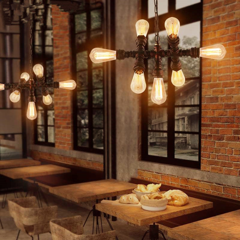 Sputnik Design Piping Bistro Chandelier Steampunk Iron 7-Bulb Antique Bronze Ceiling Hang Light Clearhalo 'Cast Iron' 'Ceiling Lights' 'Chandeliers' 'Industrial Chandeliers' 'Industrial' 'Metal' 'Middle Century Chandeliers' 'Rustic Chandeliers' 'Tiffany' Lighting' 1948718