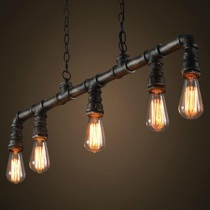 Water Pipe Dining Room Pendant Light Steampunk Metal 5 Bulbs Black Hanging Island Light Clearhalo 'Ceiling Lights' 'Island Lights' Lighting' 1948808