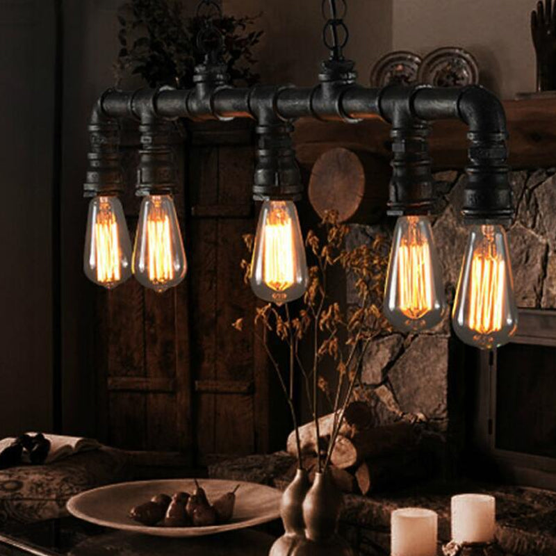 Water Pipe Dining Room Pendant Light Steampunk Metal 5 Bulbs Black Hanging Island Light Clearhalo 'Ceiling Lights' 'Island Lights' Lighting' 1948810