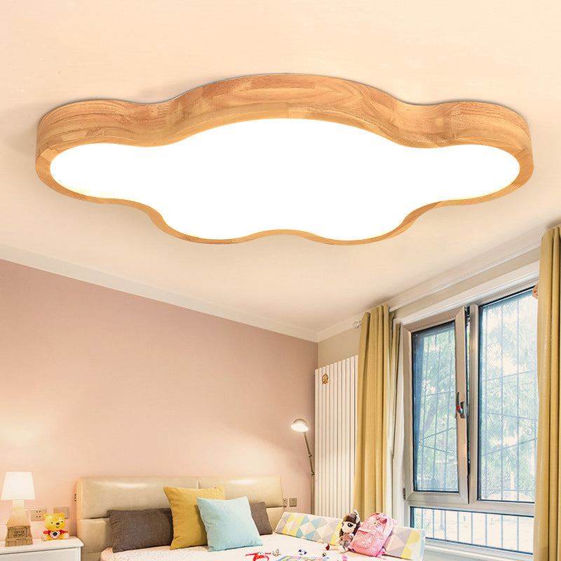 Minimalist Cloud/Star Ceiling Lighting Wooden Childrens Bedroom LED Flush Mount Lamp in Beige, 21