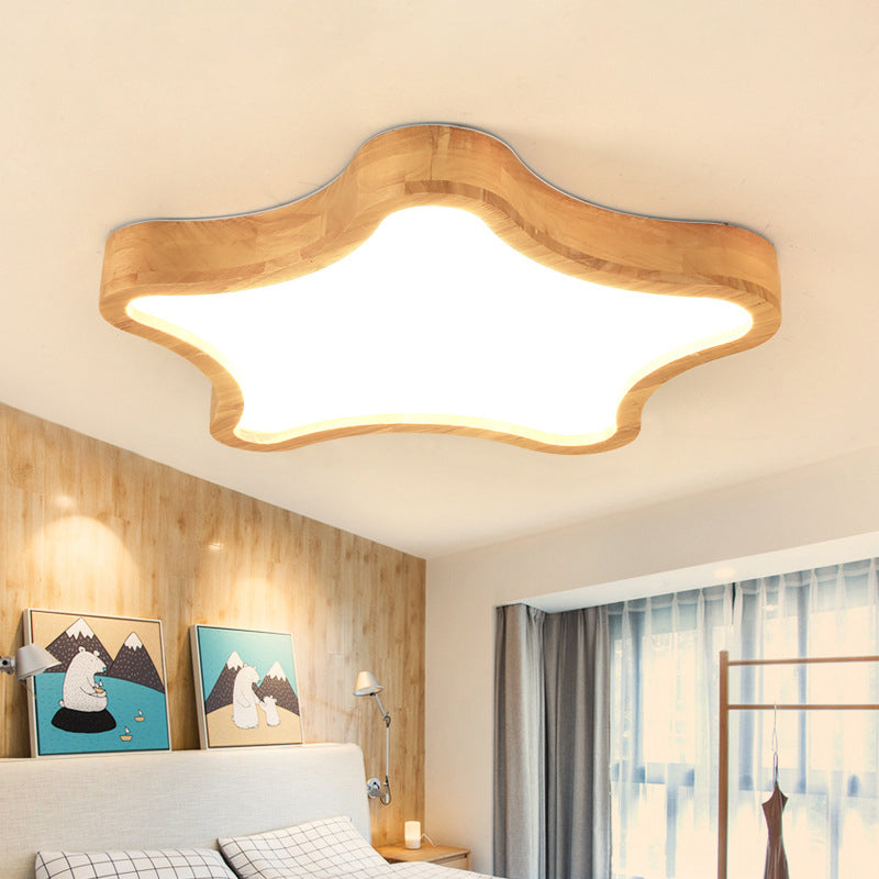 Minimalist Cloud/Star Ceiling Lighting Wooden Childrens Bedroom LED Flush Mount Lamp in Beige, 21