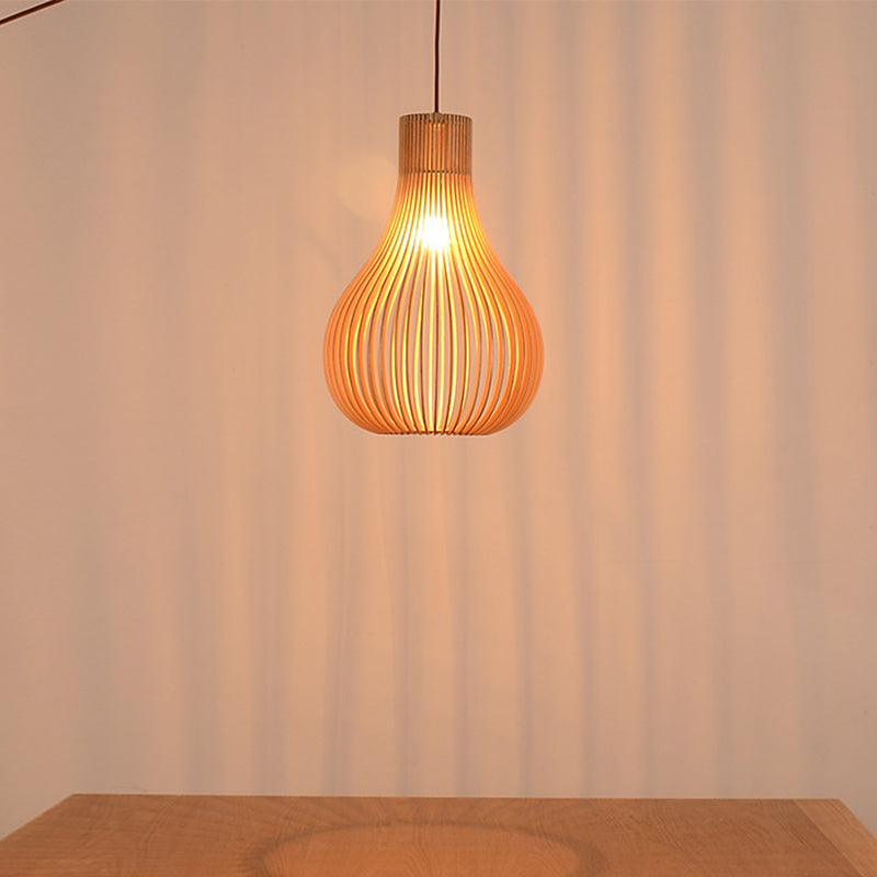 Minimalist 1-Bulb Hanging Pendant Beige Cutouts Gourd Ceiling Suspension Lamp with Wood Shade, 12