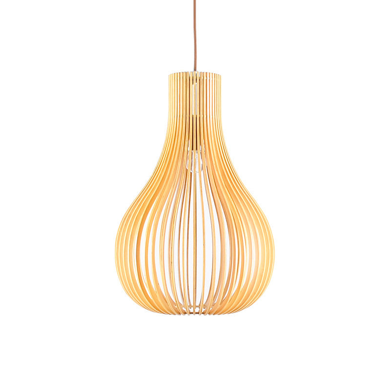 Minimalist 1-Bulb Hanging Pendant Beige Cutouts Gourd Ceiling Suspension Lamp with Wood Shade, 12