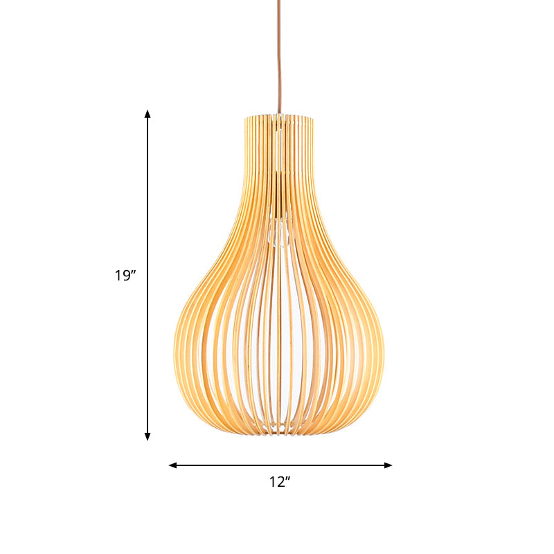 Minimalist 1-Bulb Hanging Pendant Beige Cutouts Gourd Ceiling Suspension Lamp with Wood Shade, 12