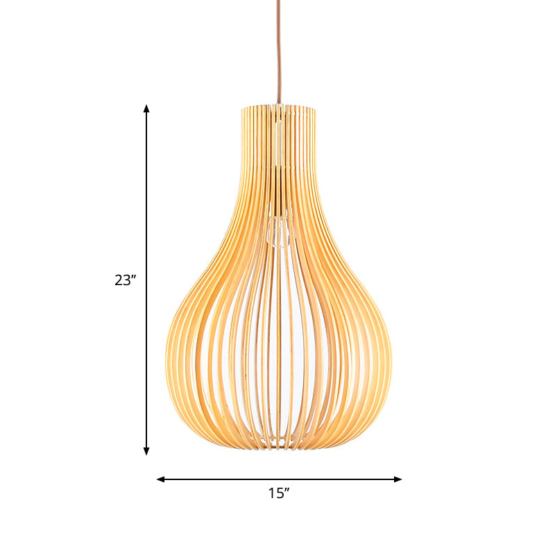 Minimalist 1-Bulb Hanging Pendant Beige Cutouts Gourd Ceiling Suspension Lamp with Wood Shade, 12