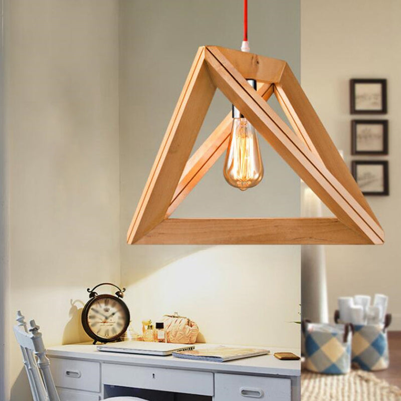 Simple Single Bulb Drop Pendant Beige Triangle Hanging Light with Wood Cage, 12.5